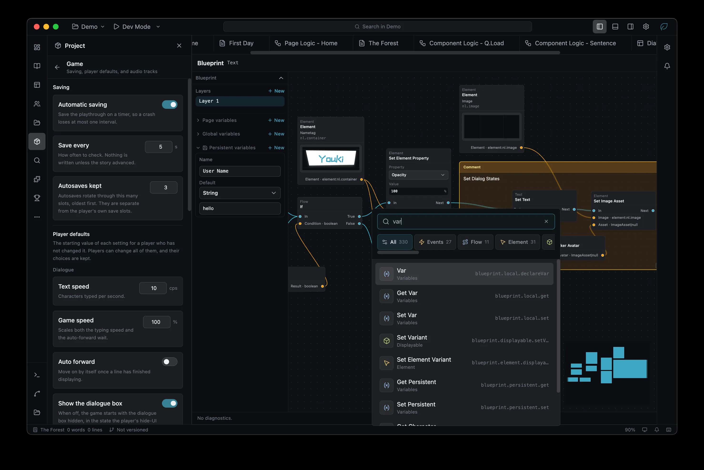 Blueprint graph beside the game configuration panel
