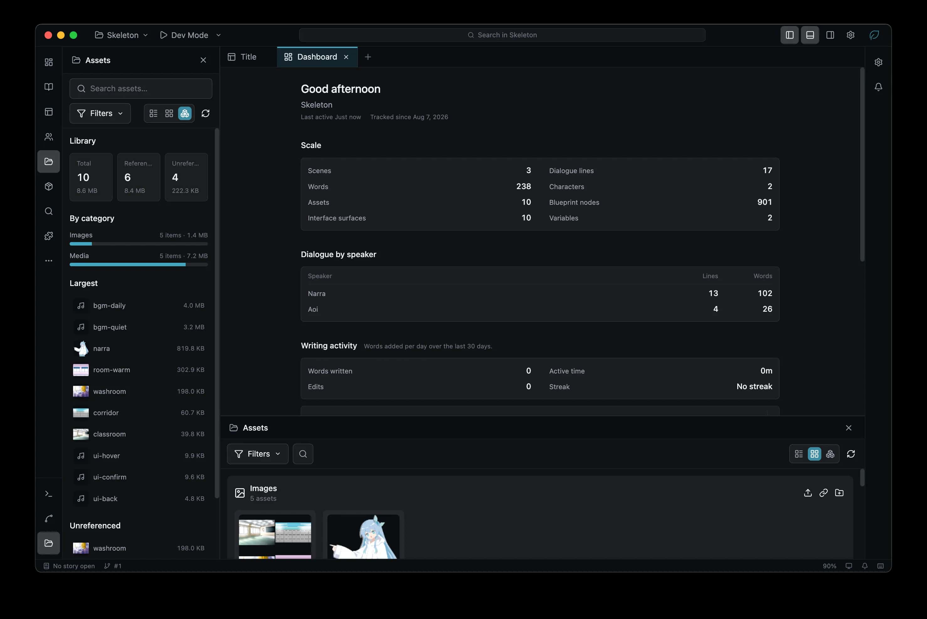 Project dashboard counting scenes, words, assets and blueprint nodes