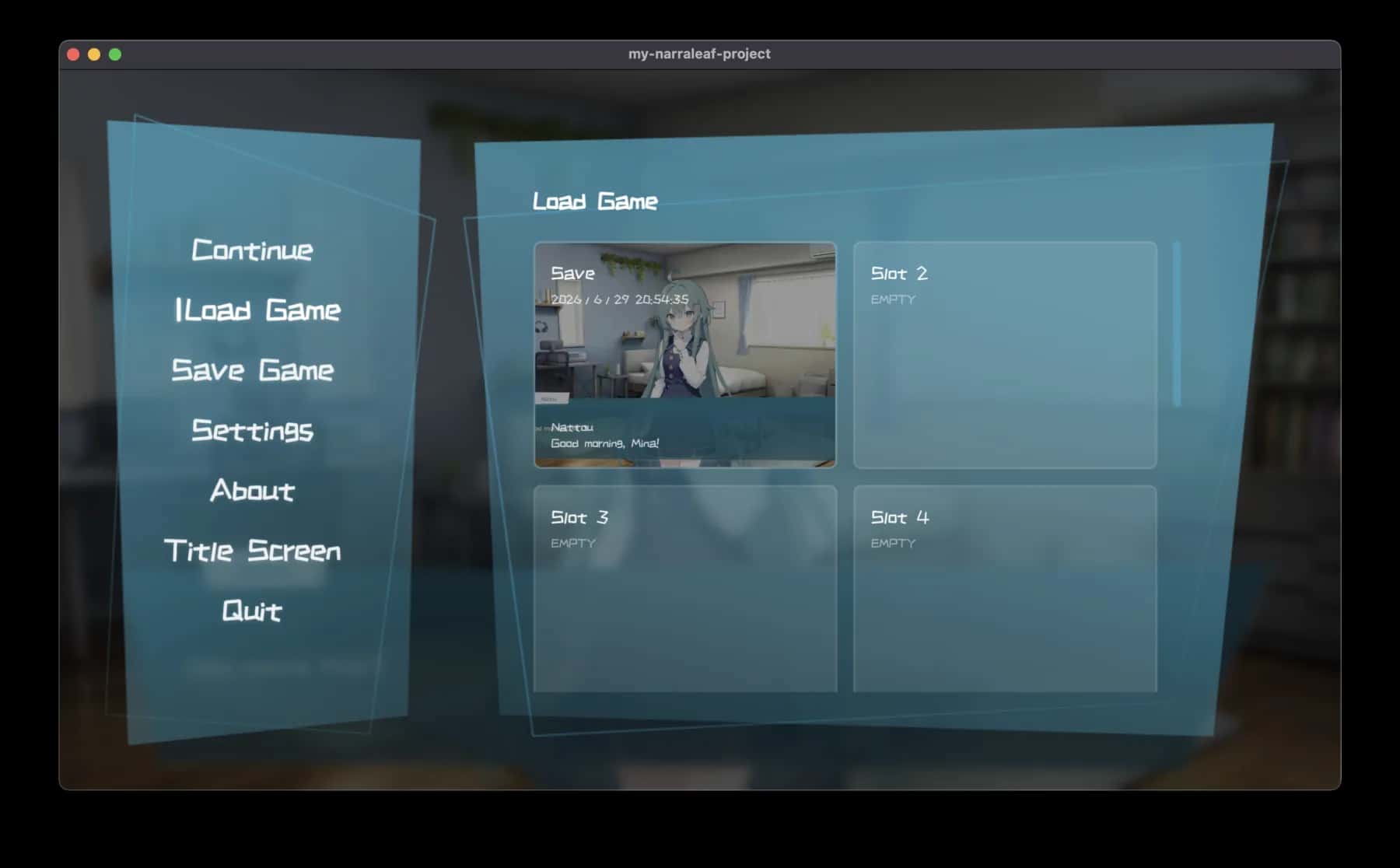 NarraLeaf Desktop visual novel demo showing the load game menu