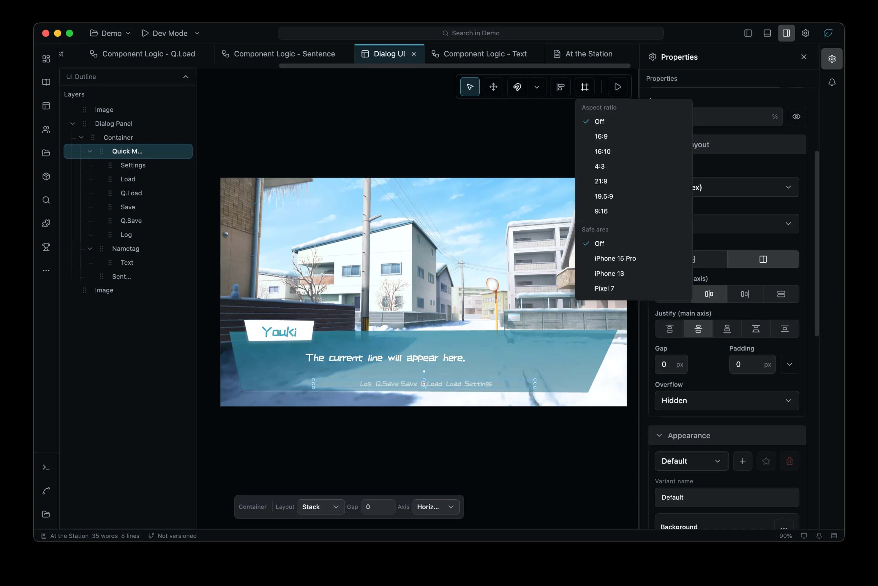 A dialogue box being restyled, with safe-area and aspect-ratio previews