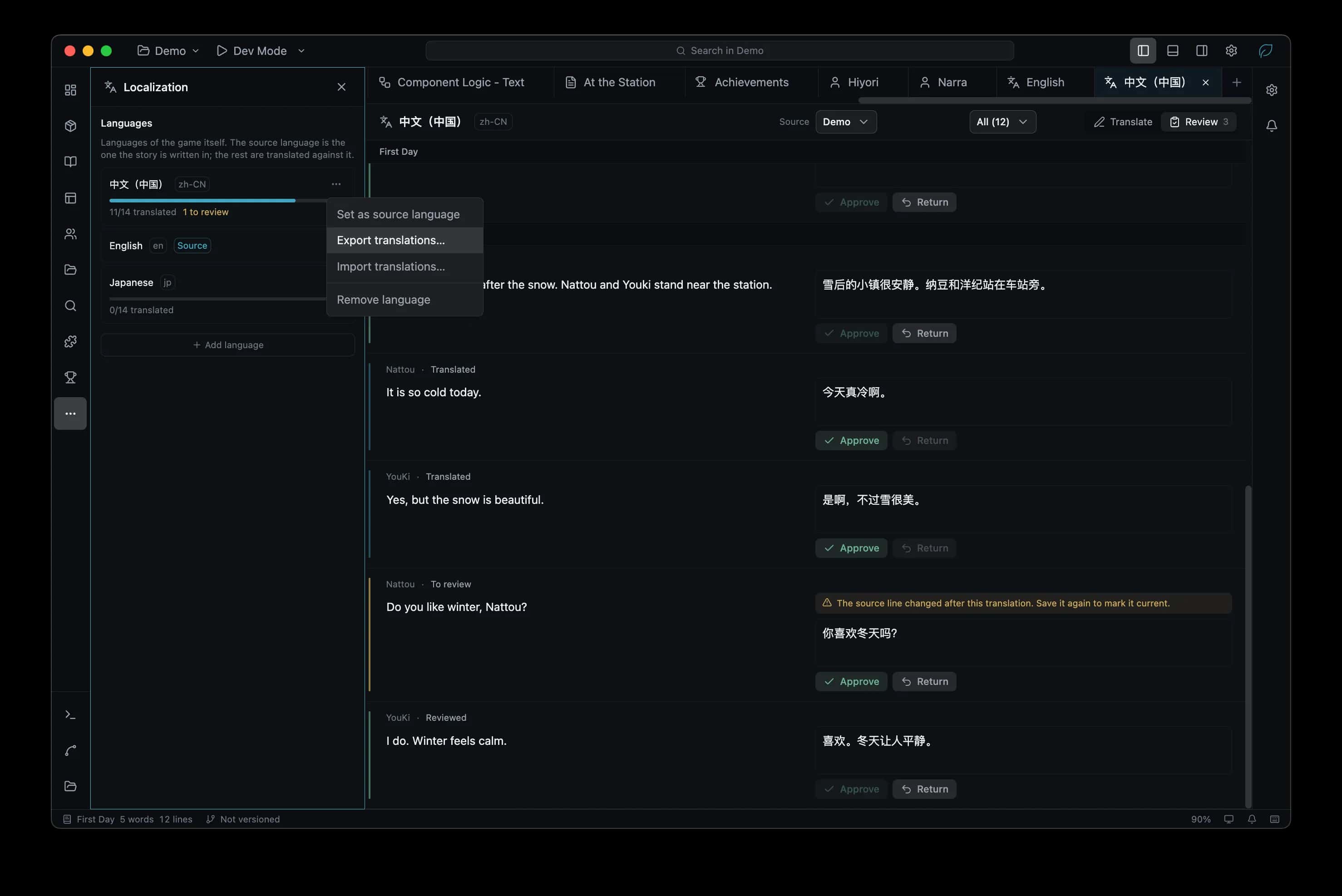 Localization panel with translations awaiting review and approval
