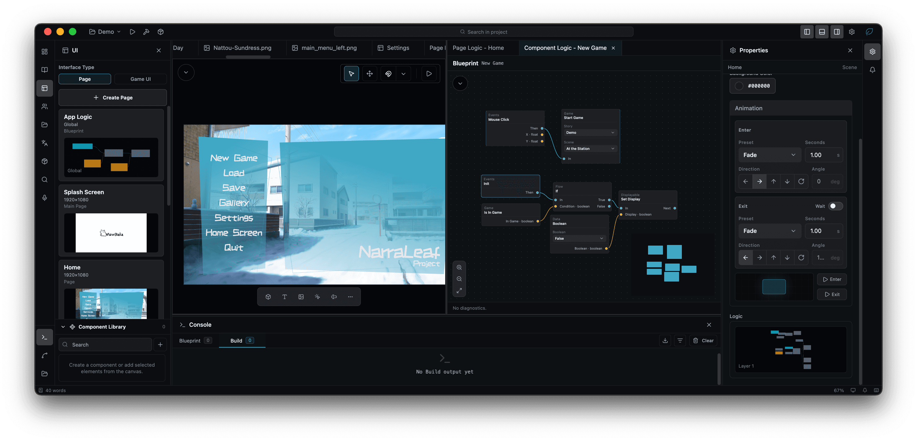 NarraLeaf Studio workspace with a visual novel project open