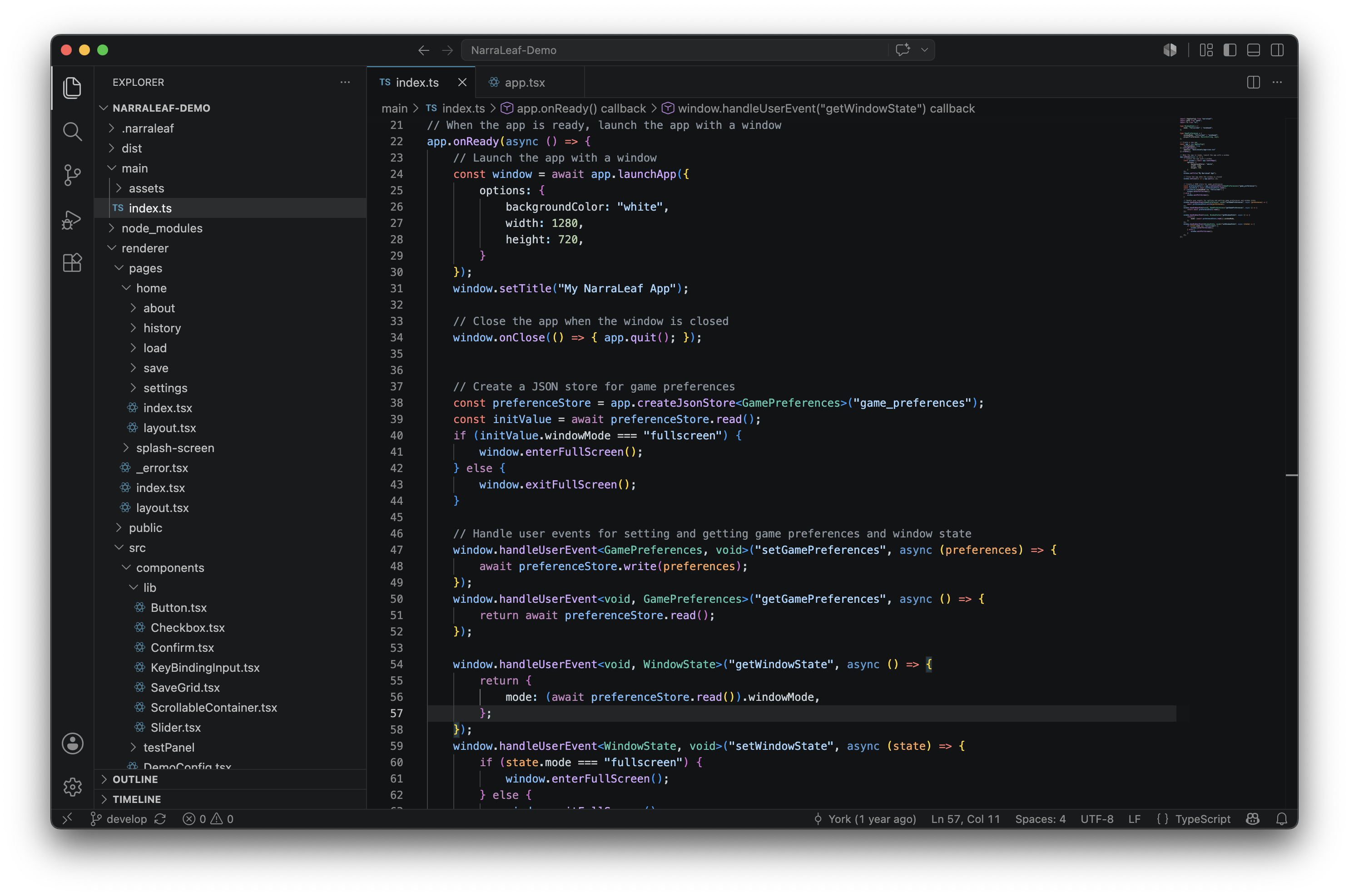VS Code window with a NarraLeaf Desktop project entry file open
