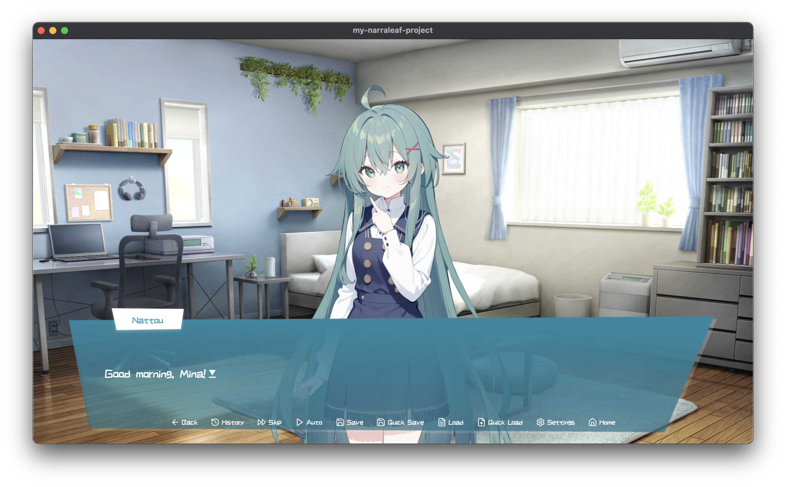 NarraLeaf Desktop visual novel demo with a dialogue UI open
