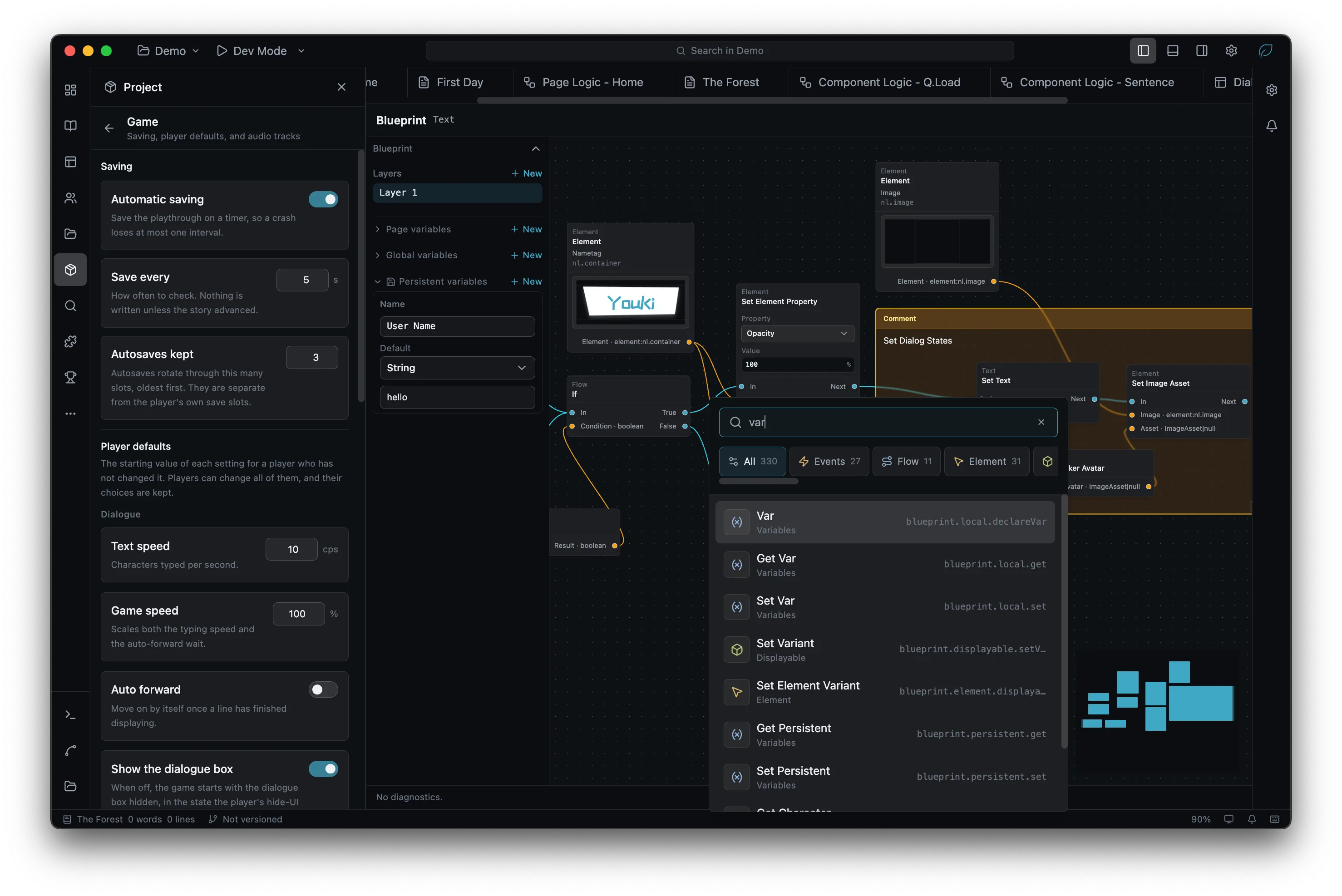 Blueprint graph beside the game configuration panel