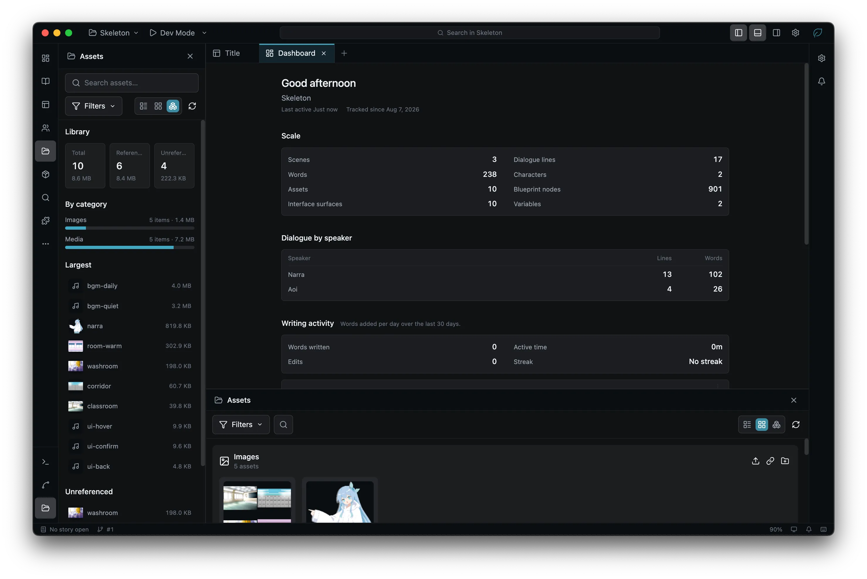 Project dashboard counting scenes, words, assets and blueprint nodes