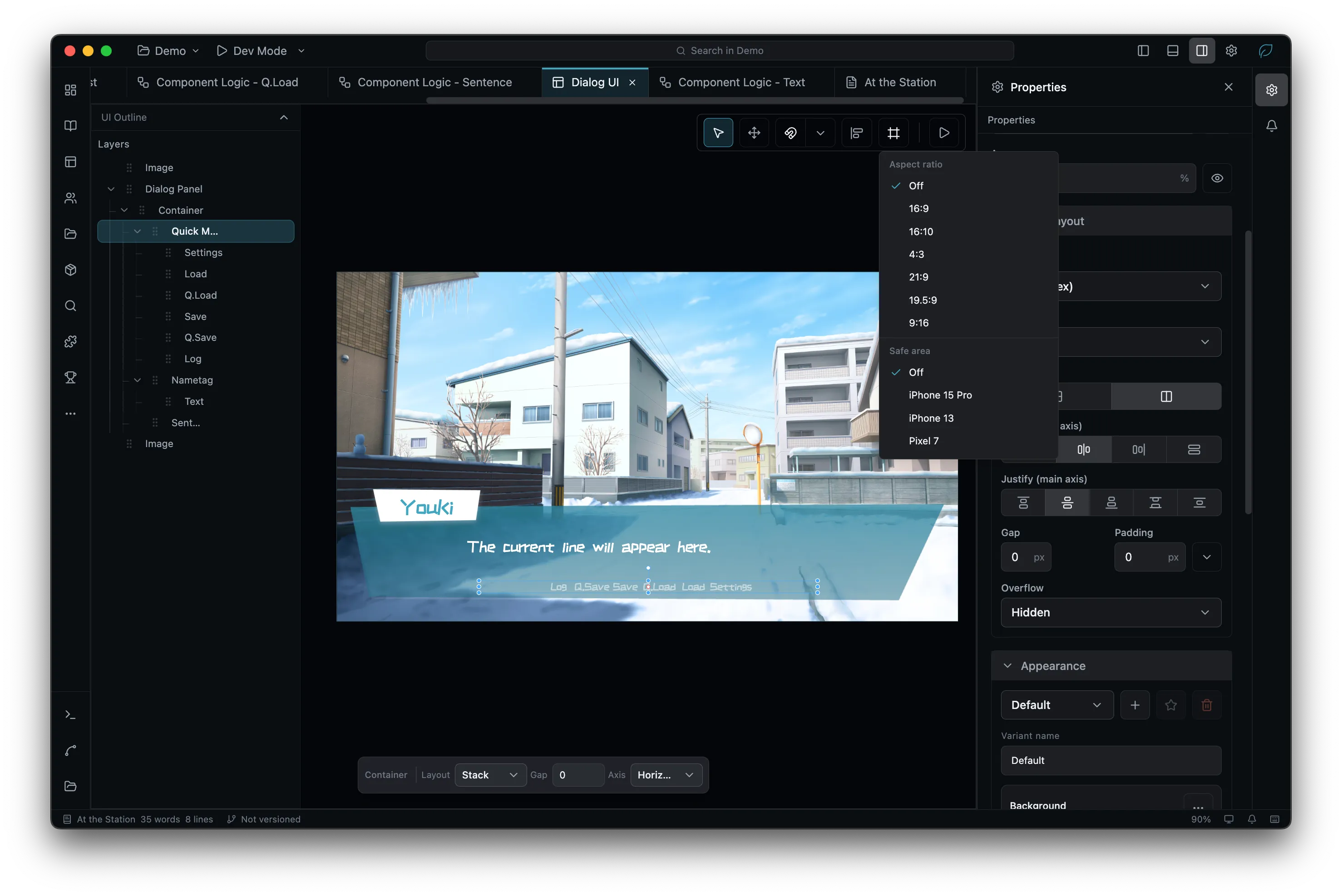 A dialogue box being restyled, with safe-area and aspect-ratio previews