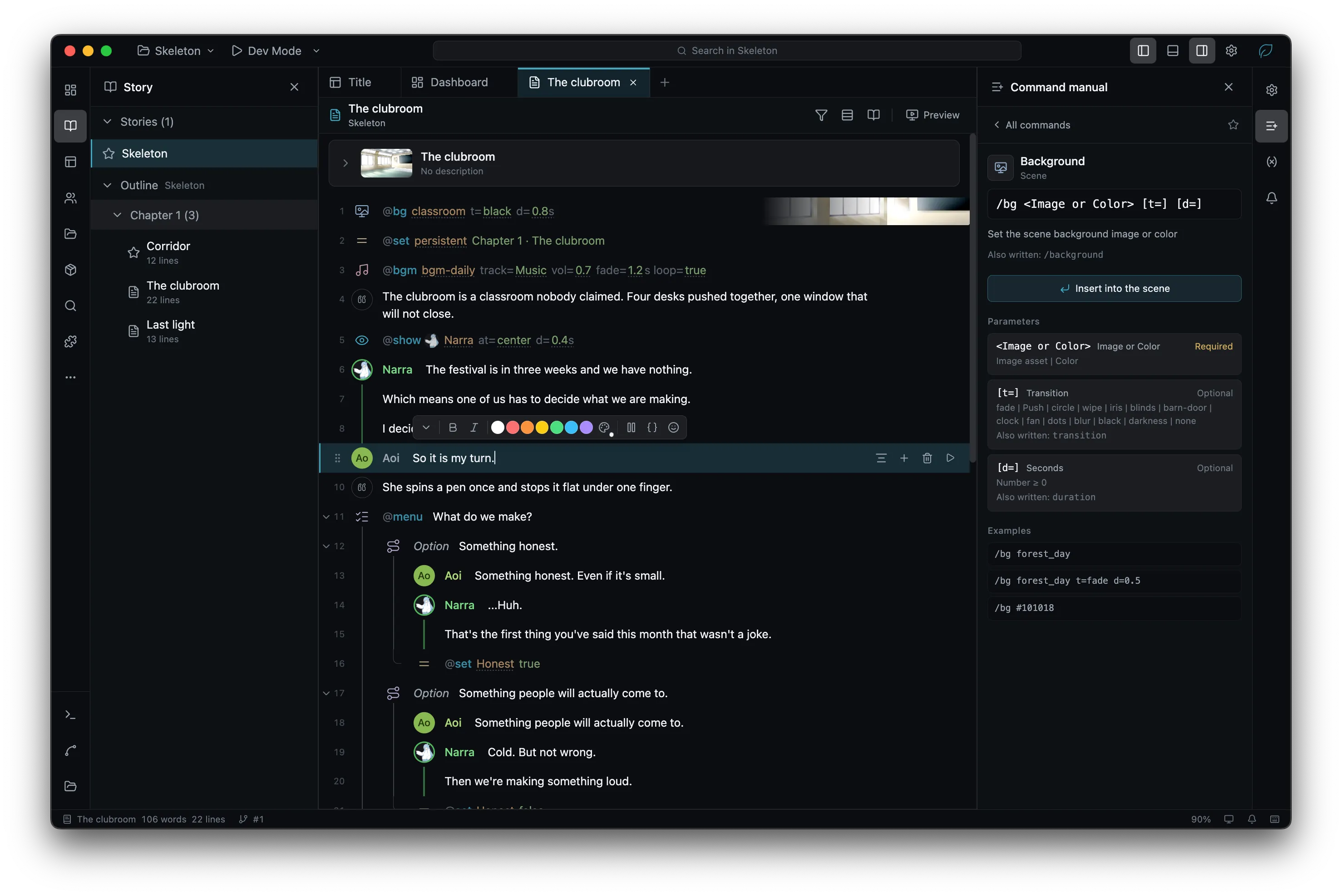 Story editor with dialogue lines and character differentials