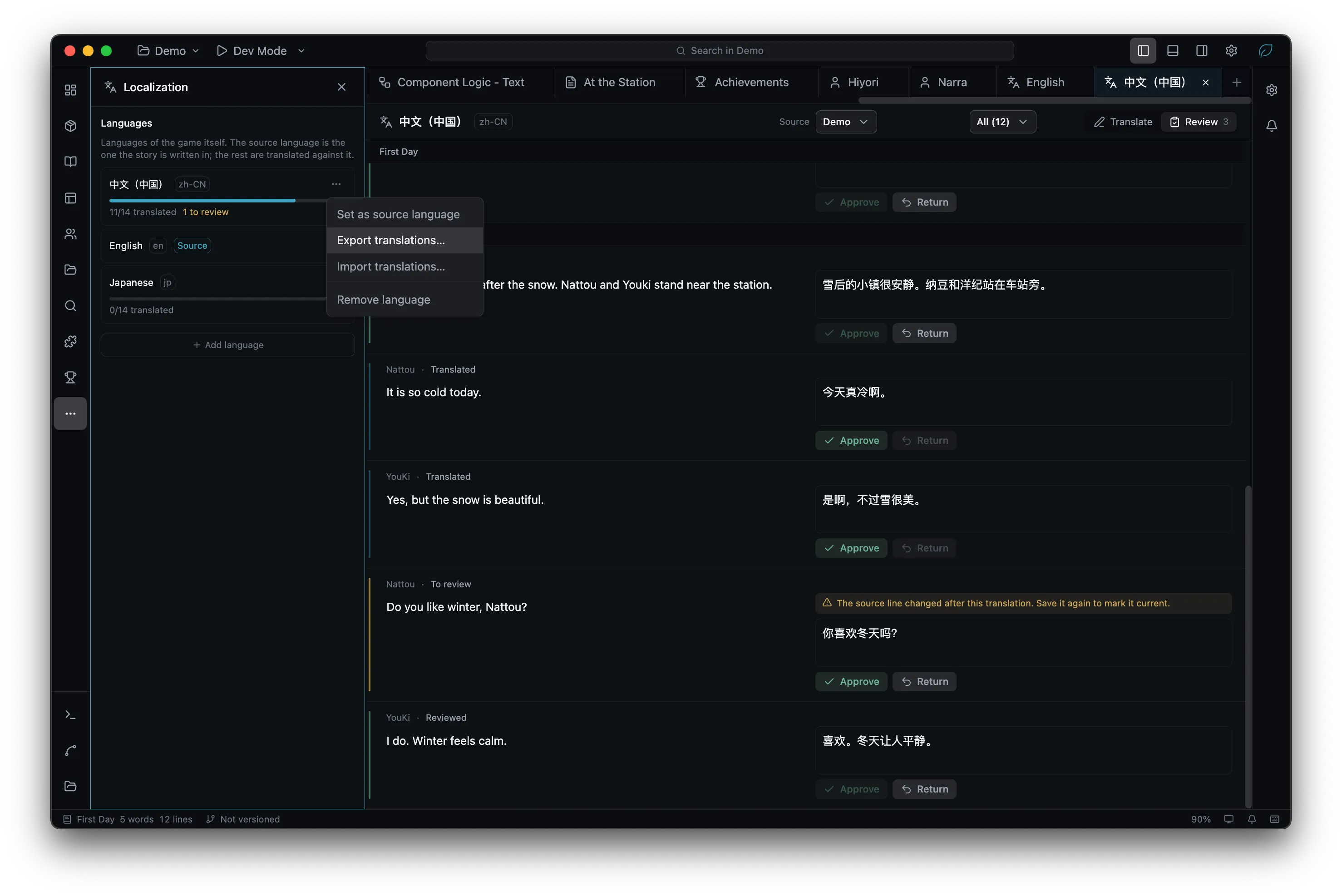 Localization panel with translations awaiting review and approval